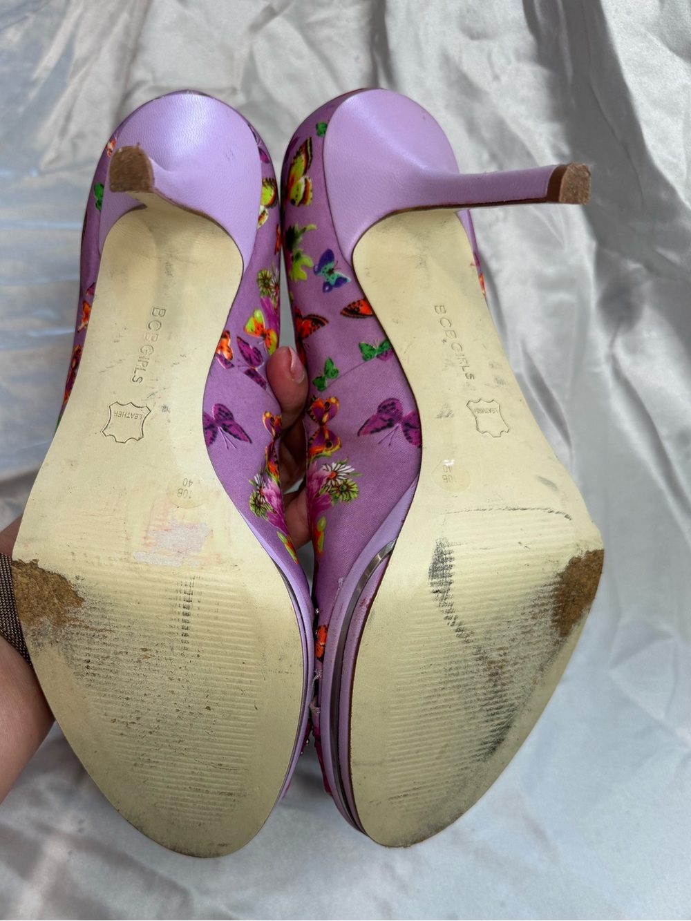 BCBGirls Purple Floral Peep-Toe Heels with Studded Bow - Picture 7 of 7